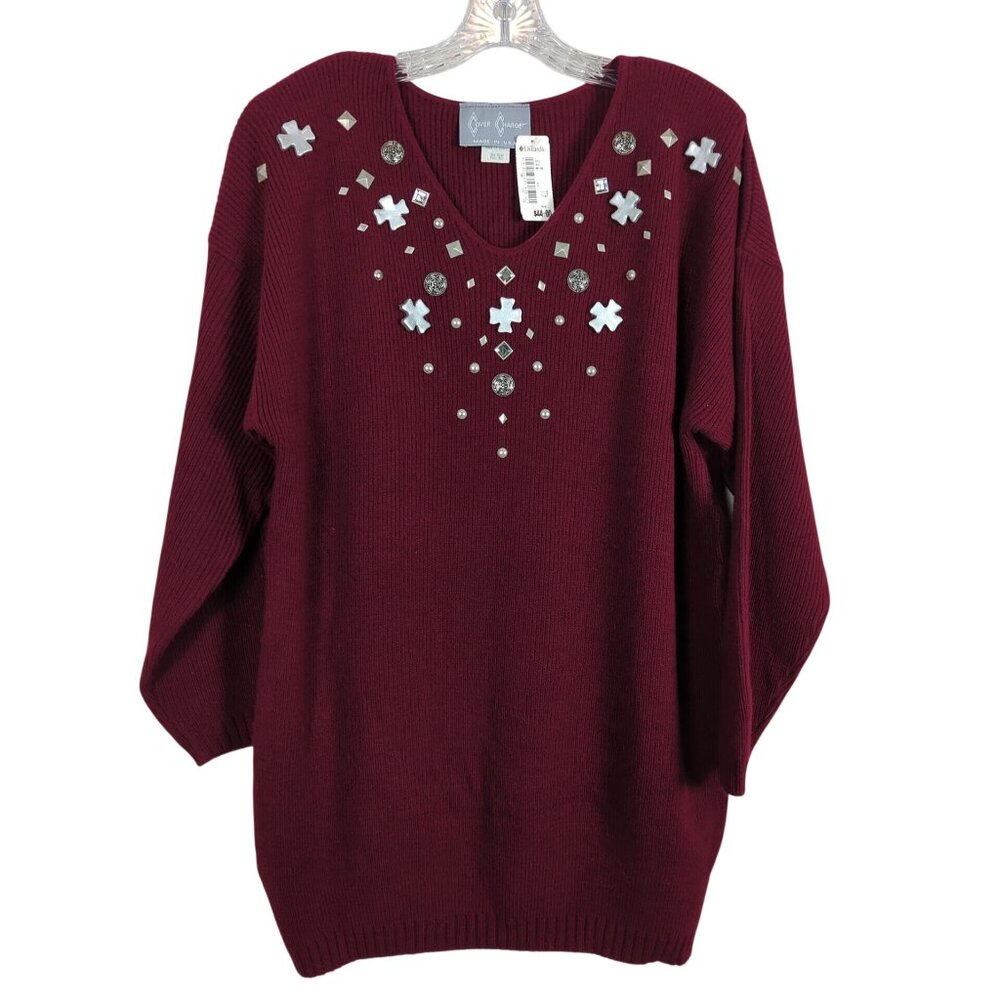 Vintage 1990s Over Charge Embellished Burgundy Sweater One size Knit Tunic